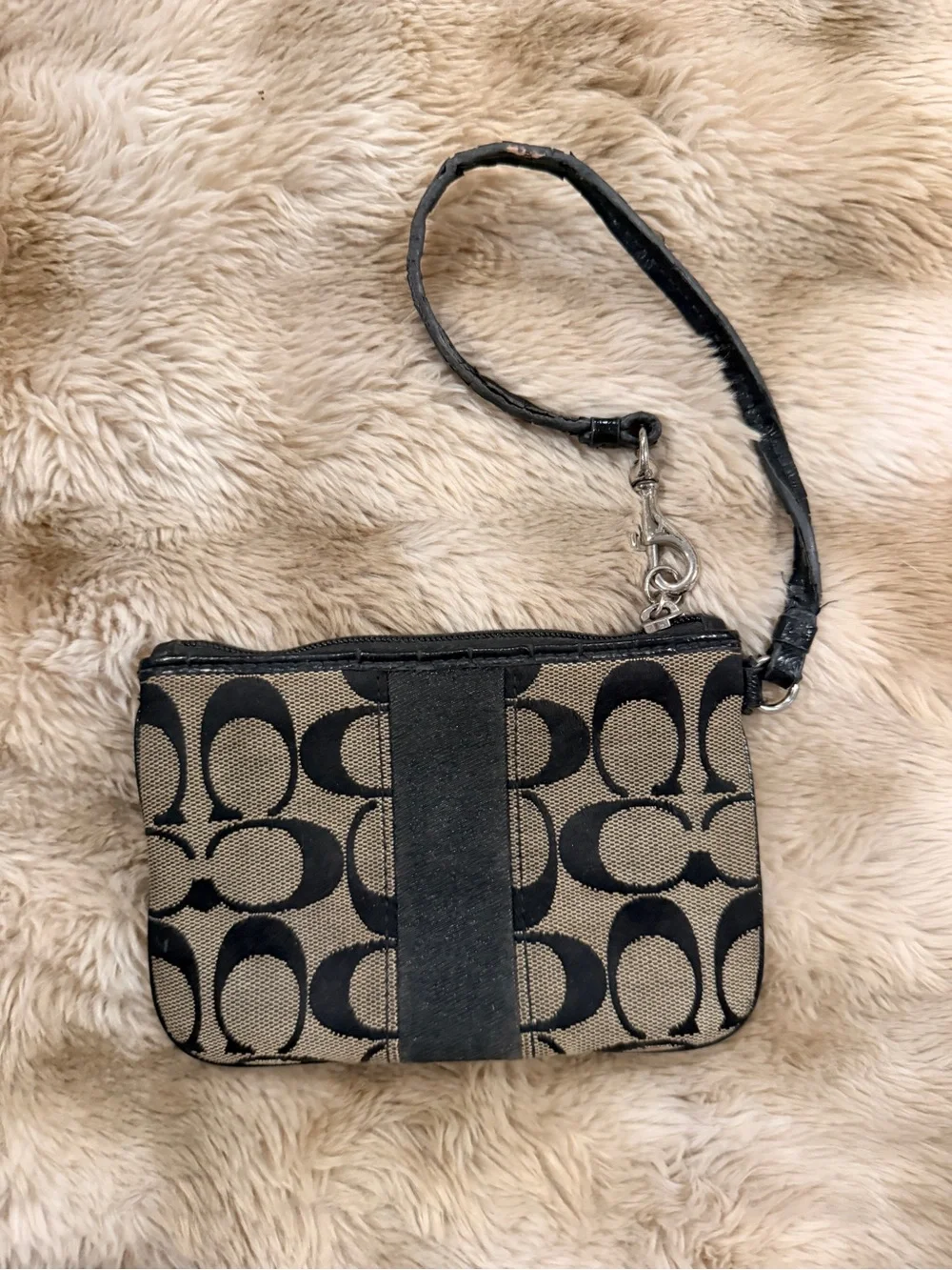 Coach Signature Black & Khaki Wristlet | Classic Logo Jacquard
